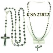 Hematite Cross with Jesus Beads Rosary Chain Necklace 20inch